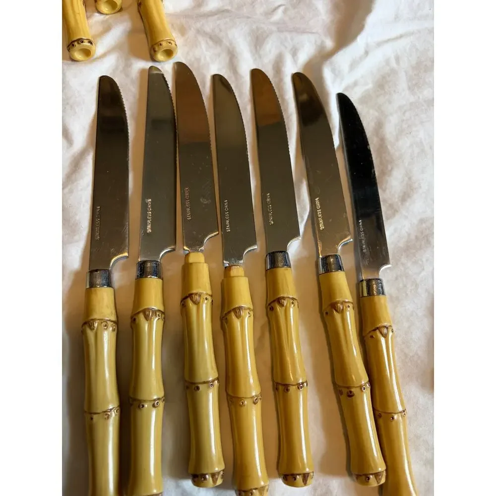 28 Mixed Pc Faux Bamboo Handle Flatware Mixed Lot Yellow Stainless China Tiki